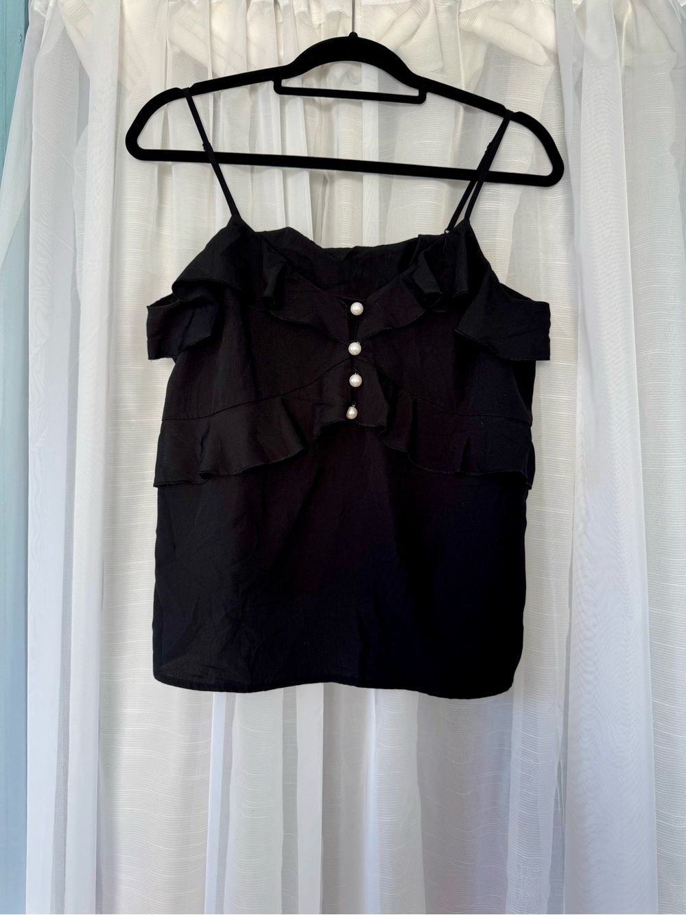 Express Black Ruffle Cami with Pearl Buttons